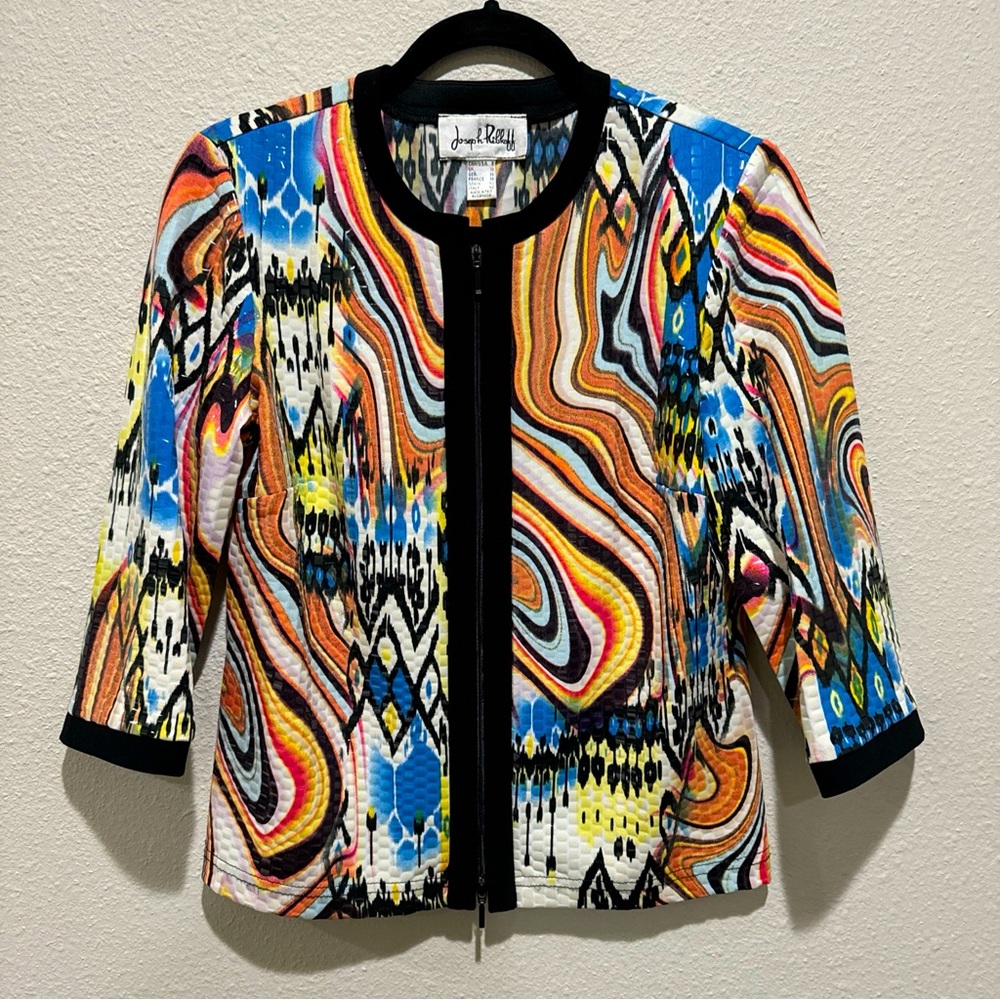Joseph Ribkoff Women’s Jacket 8 Blouse Sequined Abstract Ikat Full Zip 19362